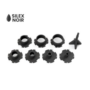 May include: A set of eight black plastic 3D printed parts for a game or project. The parts include three rings, four star-shaped pieces, and one cone-shaped piece.