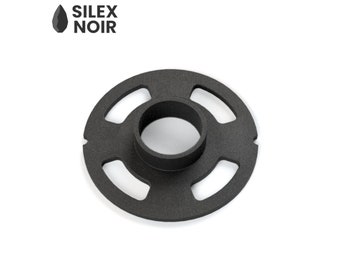 May include: Black metal ring with four cutouts, designed to fit around a pipe or tube.