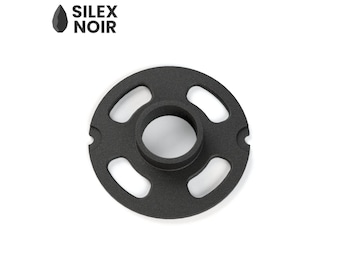 May include: Black metal router ring with four slots and a center hole.