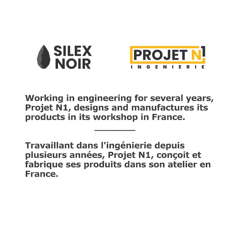 May include: The image displays the logos for SILEX NOIR and PROJET N1 INGENIERIE. Text below the logos indicates that Projet N1 designs and manufactures products in its workshop in France.
