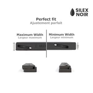 May include: Black SILEX NOIR product with the text "Perfect fit" and "Maximum Width" and "Minimum Width". The product is shown in multiple views, including a top-down view and side views. The product has a dark grey colour.