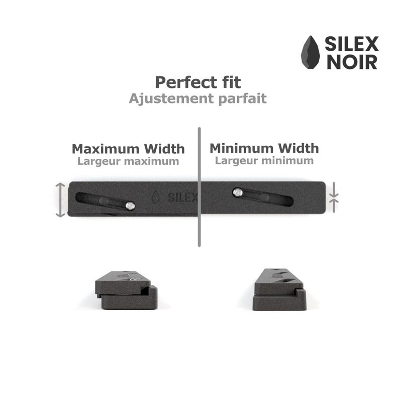 May include: Black SILEX NOIR product with the text "Perfect fit" and "Maximum Width" and "Minimum Width". The product is shown in multiple views, including a top-down view and side views. The product has a dark grey colour.