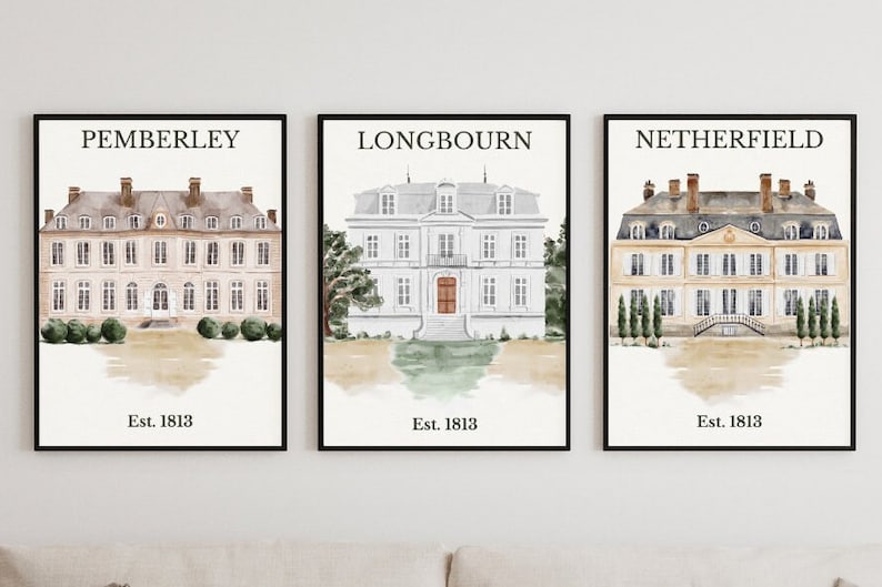 Wall Art Pride And Prejudice Digital Prints For Jane Austen Fan Gift For Her Pemberley Wall Art Literary Art Prints Minimal Jane Austen Set image 1