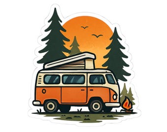 Vintage Campervan Camping Graphic - Forest Adventure Road Trip Design Logo - Van Life Kiss-Cut Stickers