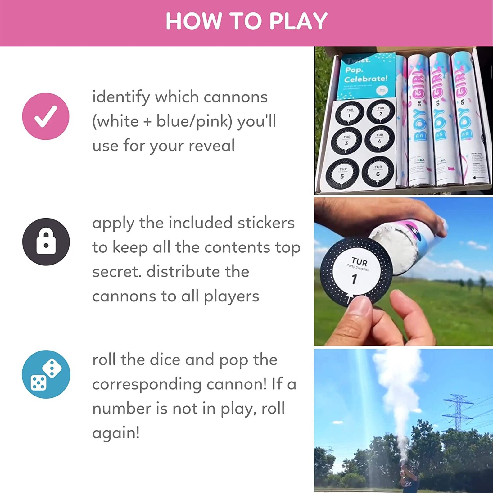 Gender Reveal Game Roulette Kit blue, Pink & White Fool Proof Confetti