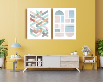 Arte de pared geométrico abstracto, conjunto de arte de pared imprimible abstracto de 2, arte de formas geométricas modernas, conjunto de impresión abstracta mínima, descarga instantánea