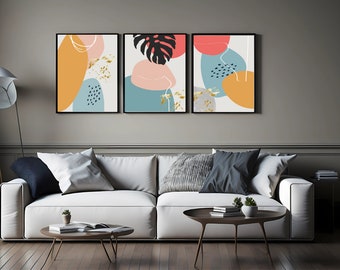 Arte de pared imprimible, Arte de pared moderno bohemio de mediados de siglo, Conjunto de pared de galería de 3, Impresiones boho chic, Descarga digital abstracta, Decoración del hogar boho
