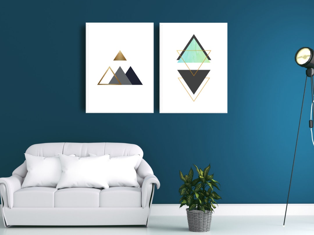 Blue Gold Modern Geometric Wall Decor, Shapes Abstract Wall Art, Set of ...