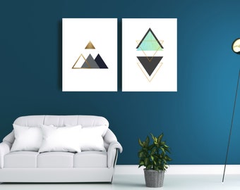 Blue Gold Modern Geometric Wall Decor, Shapes Abstract Wall Art, Set of 2 Minimalist Living Room Decor,Instant Download Geometric Print Set