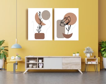 Botanical Prints Set of 2 Boho Wall Art, Floral Art Set of 2 Prints, Flower Line Art, Neutral Wall Art, Printable Floral Wall Art Set