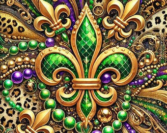 Mardi Gras Fleur-de-Lis Digital Art - New Orleans Inspired Wall Decor in Purple, Green, and Gold PNG
