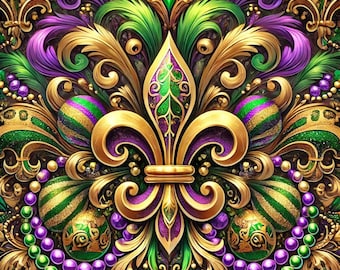 Mardi Gras Fleur-de-Lis Digital Art - New Orleans Inspired Wall Decor in Purple, Green, and Gold PNG