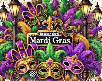Mardi Gras Bourbon Street Party Art - Masks, Feathers & Fleur-de-Lis Decor