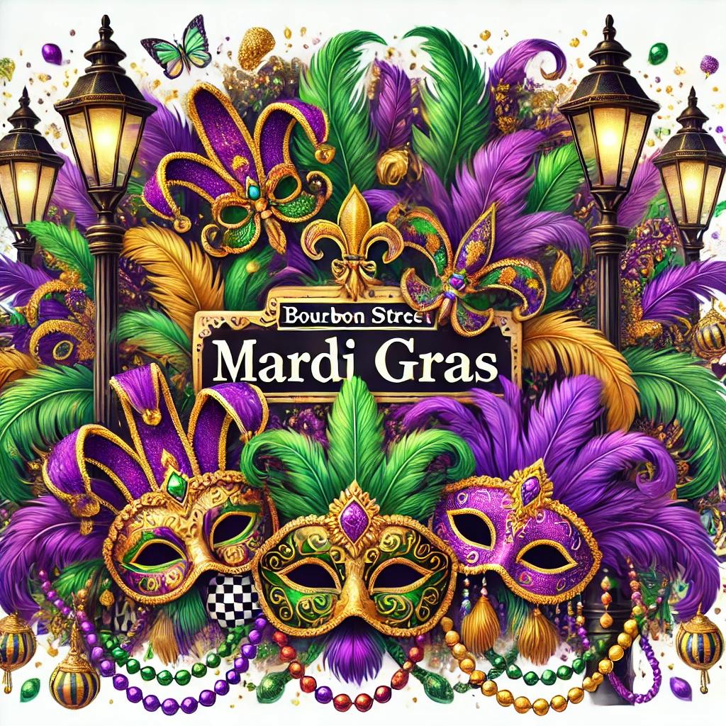Mardi Gras Bourbon Street Party Art - Masks, Feathers & Fleur-de-Lis Decor