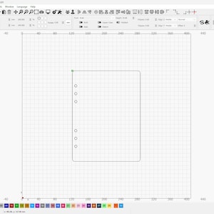 May include: A black and white line drawing of a rectangle with rounded corners. The rectangle has six evenly spaced circles inside of it.