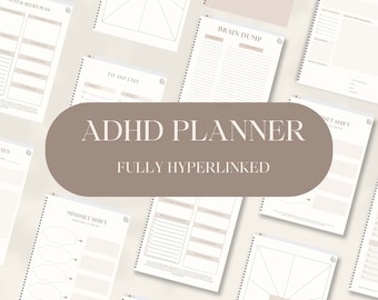 May include: A digital planner for people with ADHD. The planner is fully hyperlinked and includes pages for therapy notes, brain dumps, to-do lists, mindset shifts, and trigger tracking.