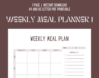 Planificador de comidas semanal en PDF imprimible, Planificador de comidas semanal, Horario de comidas semanal, Horario de comidas semanal, Organización de comidas, A4 y carta de EE. UU.