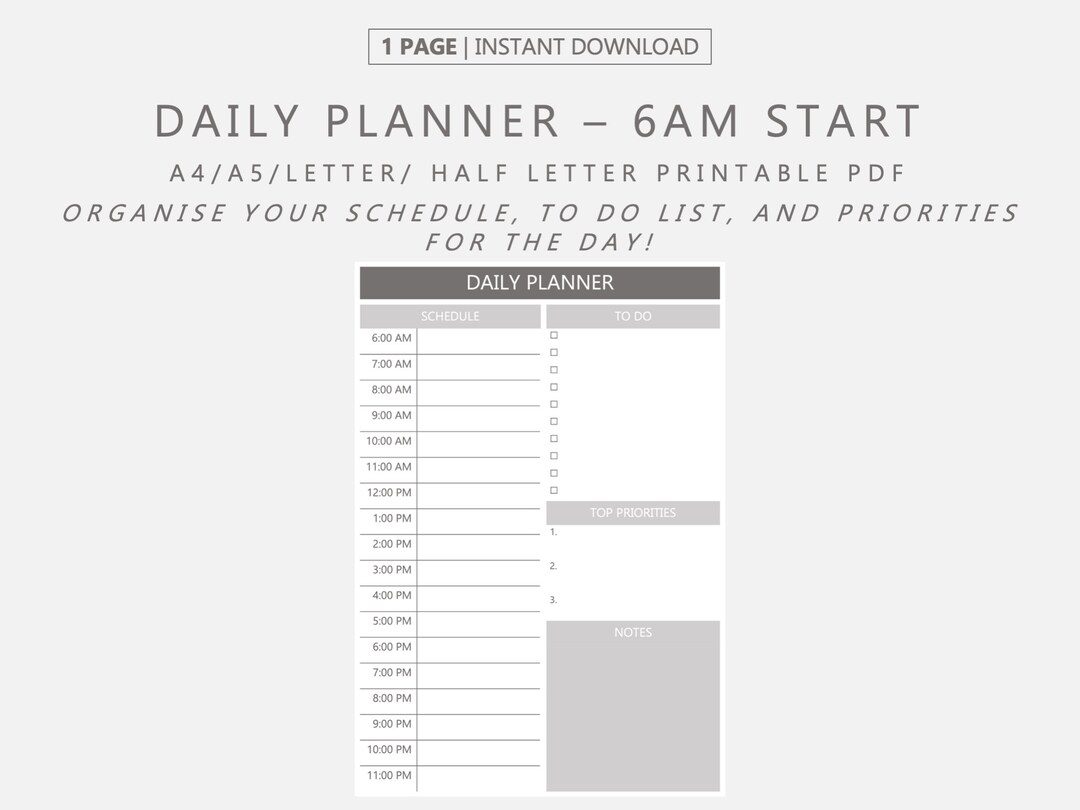 Printable PDF Daily Schedule 6AM Start With Daily To Do List Etsy