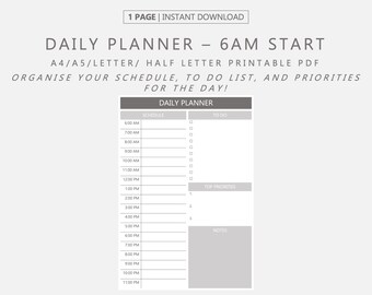 Horario diario en PDF imprimible a las 6 a. m. Comience con la lista diaria de tareas pendientes y el planificador de prioridades, organizador diario, bloqueo de tiempo, tareas diarias minamalistas