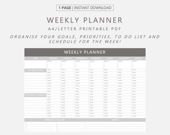 Planificador semanal en PDF imprimible con objetivos, prioridades, lista de tareas pendientes y programación