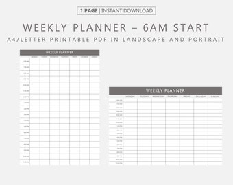 PDF imprimible Horario semanal 6AM Inicio, Planificador por horas, Organizador por hora, Parte de horas, Registro de tiempo, Bloqueo de tiempo, Horario, Programador