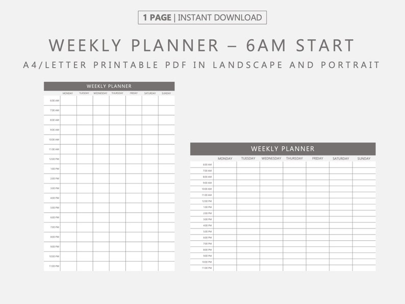 Printable PDF Weekly Schedule 6AM Start, Hourly Planner, Hourly ...