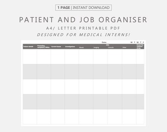 Hoja de información del paciente en PDF imprimible y organizador de trabajos para pasantías y residencias, organización médica