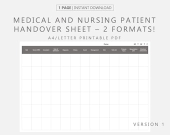 PDF imprimible Organizador de pacientes médicos y de enfermería y hoja de entrega, entrega de sala, organizador de turnos de enfermería, organización médica