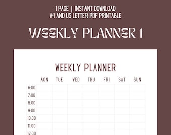 PDF imprimible, Planificador semanal, Horario semanal, Planificador por horas, Organizador por horas, Registro de tiempo, Bloqueo de tiempo, Horario, A4 y Carta de EE. UU.