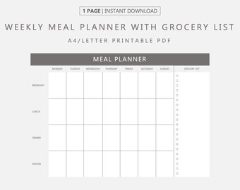 Planificador de comidas semanal en PDF imprimible con lista de compras, horario de comidas semanal, planificador de alimentos semanal, horario de alimentos semanal, lista de compras