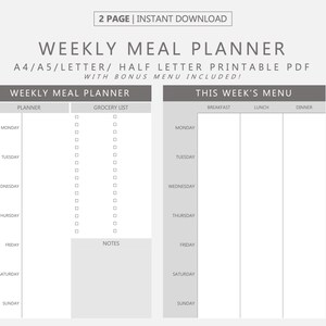 Printable PDF Weekly Meal Planner, Weekly Food Planner, Weekly Meal Schedule, Meal Organisation, Shopping List, Grocery List, Menu