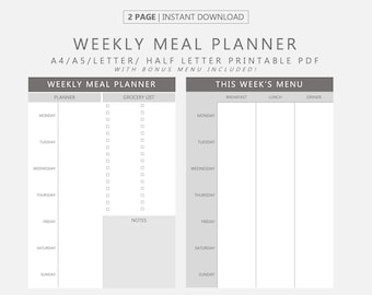 Planificador de comidas semanal en PDF imprimible, Planificador de alimentos semanal, Horario de comidas semanal, Organización de comidas, Lista de compras, Lista de compras, Menú