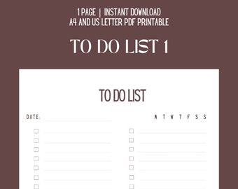 Lista de tareas pendientes en PDF imprimible, lista de tareas pendientes digitales, lista de tareas, descarga digital instantánea, A4 y carta de EE. UU.