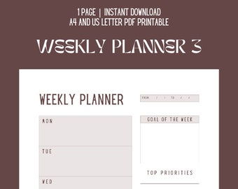 Printable PDF Motivation Weekly Planner with Goals and Priorities, Weekly Schedule, Week At A Glance, Weekly Organizer, A4 and US Letter