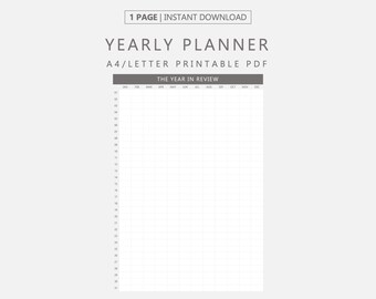 Planificador anual en PDF imprimible, Calendario anual, Revisión del año, Planificador de paredes, Diseño minimalista