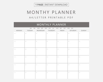 Planificador mensual en PDF imprimible, programación mensual, mes de un vistazo, agenda mensual, planificador de escritorio, lista mensual de tareas pendientes