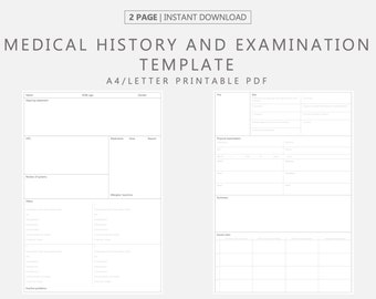 Plantilla de examen clínico y historial médico en PDF imprimible, preparación de exámenes clínicos, formación de médicos, caso largo