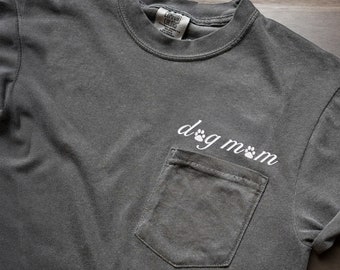 Custom Dog Mama Pocket Tee, Embroidered Mothers Day Dog Mom Shirt, Dog Mom TShirt, Dog Lover Gift, Unique Gifts for Dog Lovers