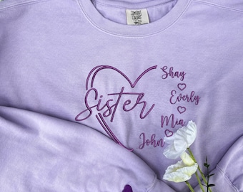 Embroidered Big Sister Sweatshirt, Custom Sisters Heart Comfort Colors® Crewneck, Matching T-Shirts For Sisters, Unique Gifts For Big Sister