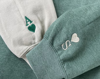 Custom Embroidered Initial Heart Sweatshirt, Initial Crewneck On Sleeve, Couple's Shirt, One Year Anniversary Gift for Boyfriend