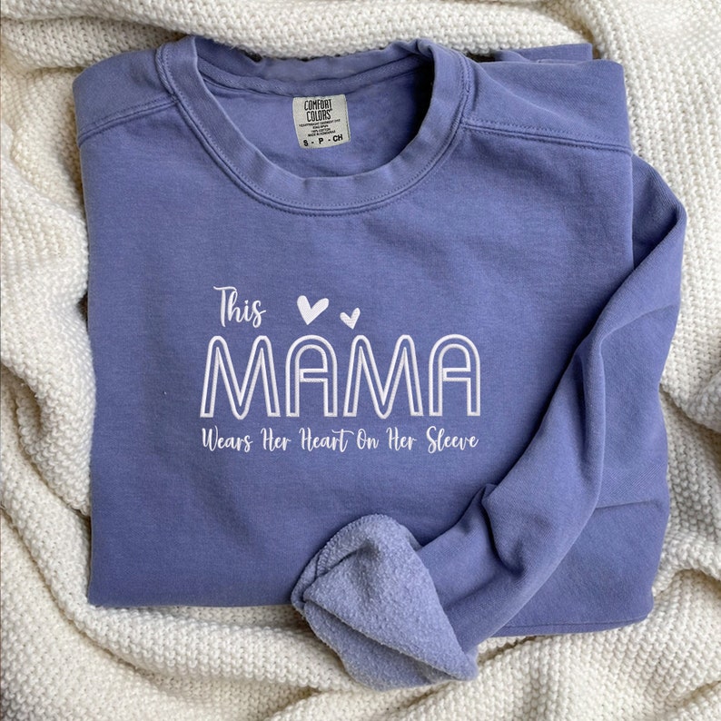 EMBROIDERED This Mama Wears Her Heart On Her Sleeve Sweatshirt, Comfort Colors® Mama Sweatshirt with Name, Mother's Day Gift for Mom image 3