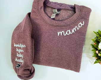 Custom Mama Sweatshirt with Kids Names Embroidered on Sleeve, Mama Sweatshirt, Personalized Mom Hoodie, Best Gift for New Mom