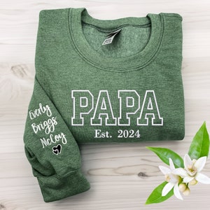 Neutral Papa Sweatshirt, EMBROIDERED Dad Shirt with Kids Names on Sleeve, Varsity Letter Hoodie, Christmas Gift for Dad