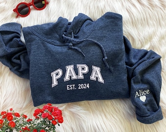 Papa Est Sweatshirt With Kids Names on Sleeve, Personalized Embroidered Dad Gift, Grandpa Sweatshirt, Dad Est Hoodie, Unique Gifts for Dad