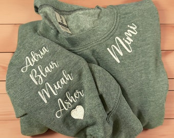 Custom Embroidered Mimi Sweatshirt with Grandkids Name, Personalized Grandma Shirt, Mimi Neckline, Christmas Gift for Mimi