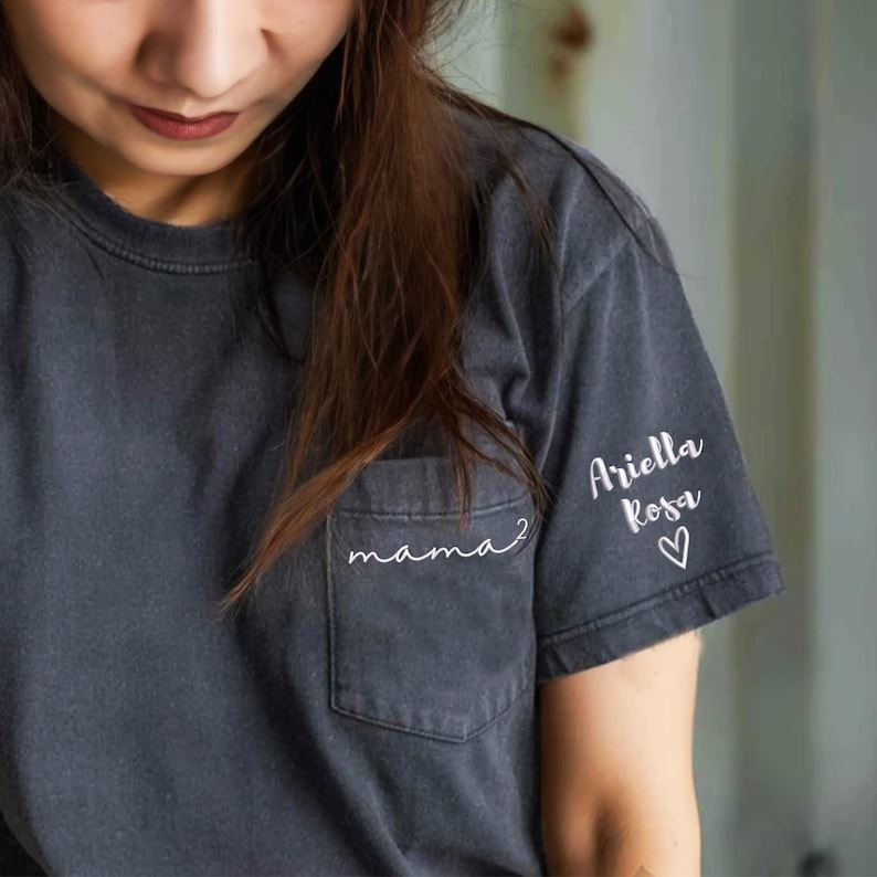 Custom Mama Shirt with Children Name on Sleeve, Comfort Colors® Pocket Tee, Pocket Mama Embroidered Shirt, Mama Shirt, Mother Father Gifts image 1