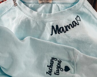 Comfort Colors® Embroidered Mama Sweatshirt with Kid Name, Mommy Sweatshirt, Mother's Day Gift for Mom