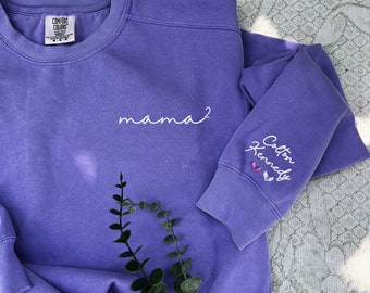 Custom Mom Sweatshirt with Kids Name on Sleeve, Mom of 2 Comfort Colors® Sweatshirt, Personalize Gift for Mom, Cute Mothers Day Ideas