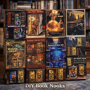 May include: A collection of DIY book nooks with intricate designs. Each miniature scene is housed in a box, featuring themes like "Interstellar Home," "The House of Magic," and "Butterfly Collection Room." The boxes are stacked, with the words "DIY Book Nooks" at the bottom.
