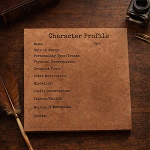 Può includere: Una scheda marrone di Profilo del personaggio con il titolo in alto. La scheda ha righe per Nome, Ruolo nella storia, Tipo/Tratti di personalità, Descrizione fisica, Paura più grande, Motivazione interna, Miscredenza, Descrizione dell'outfit, Talenti/Abilità, Metodo di manipolazione e Abitudini.